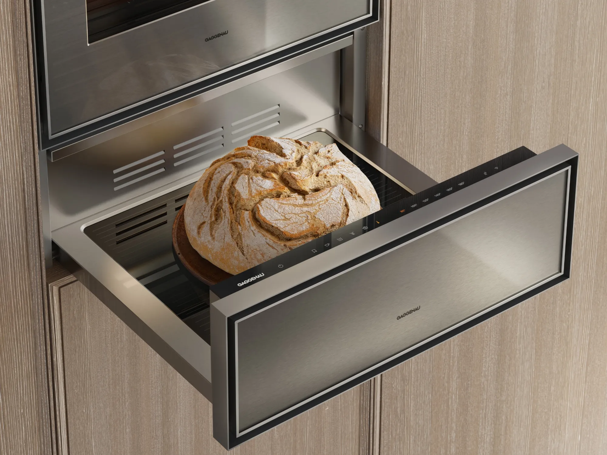 Close-up of an open Gaggenau Expressive culinary warming drawer proofing bread dough