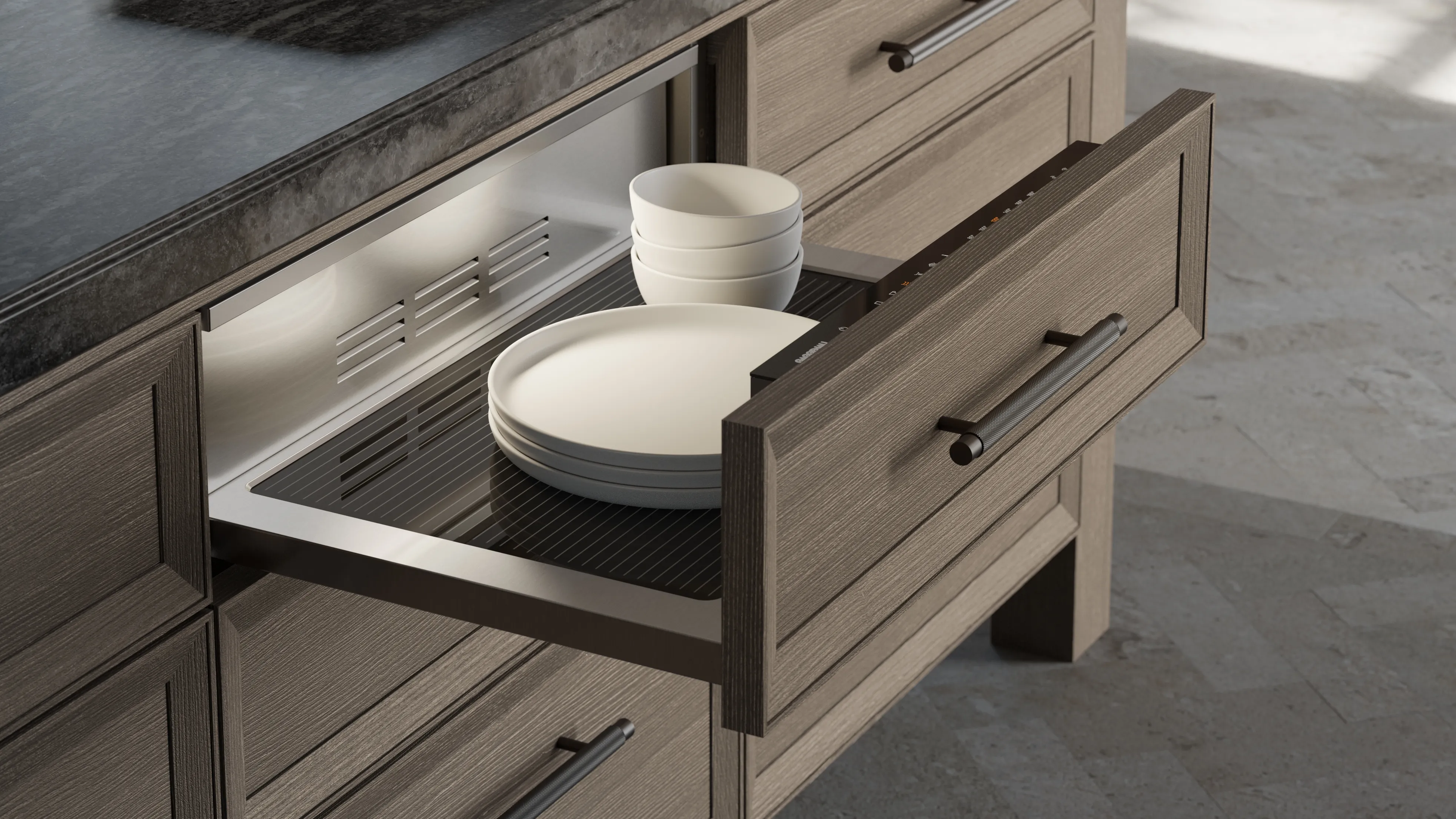 Close-up of an Expressive series warming drawer