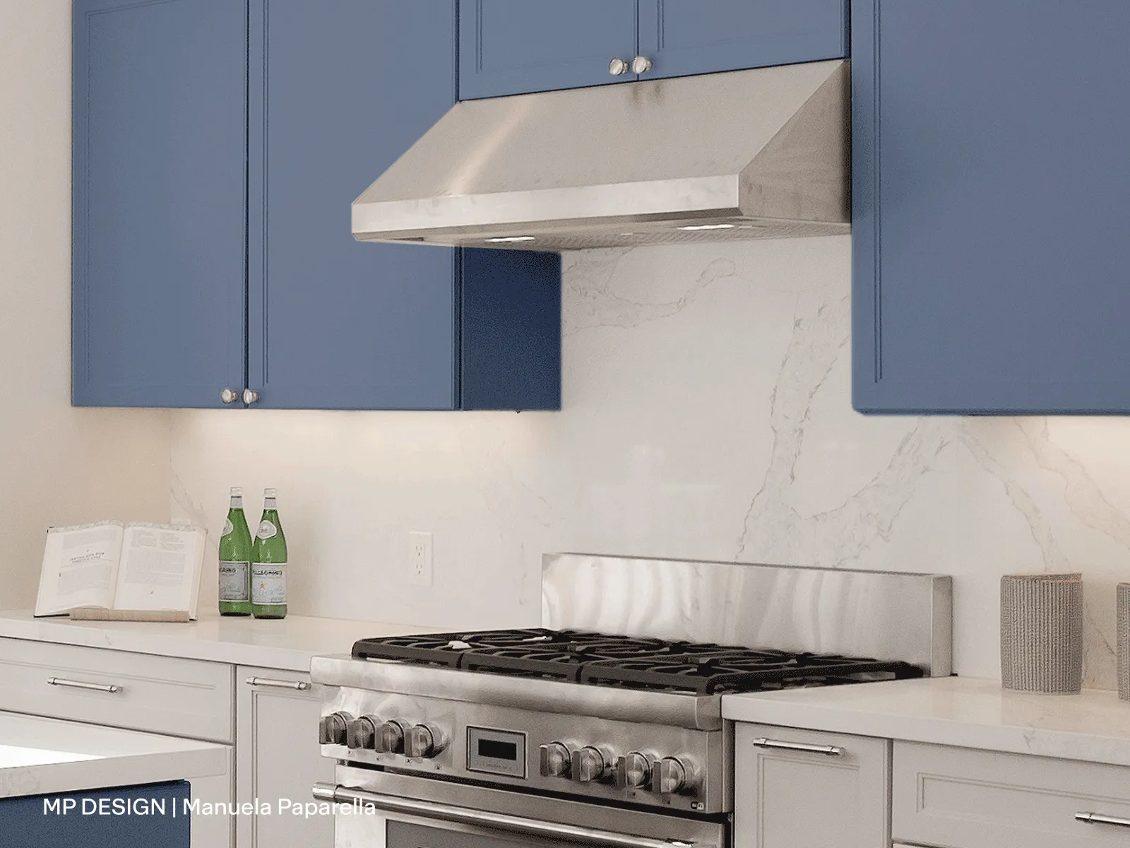 Modern kitchen stovetop with a stainless steel pot, blue cabinets, white textured tile backsplash, and a wall-mounted pot filler faucet.