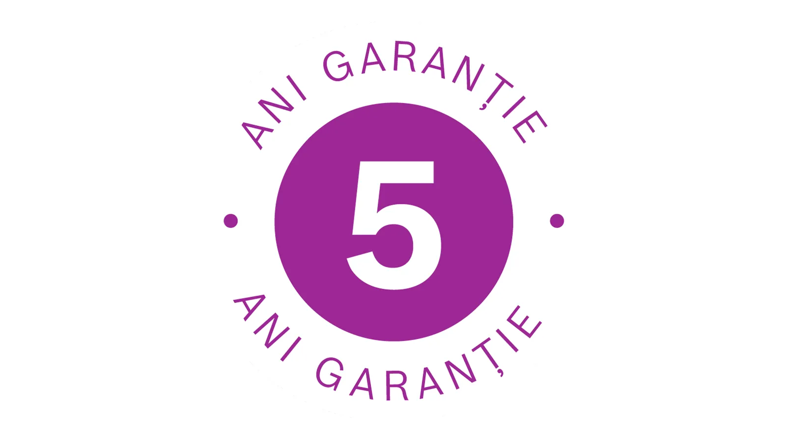 Siglă de culoare mov cu textul "5 ani garanție"