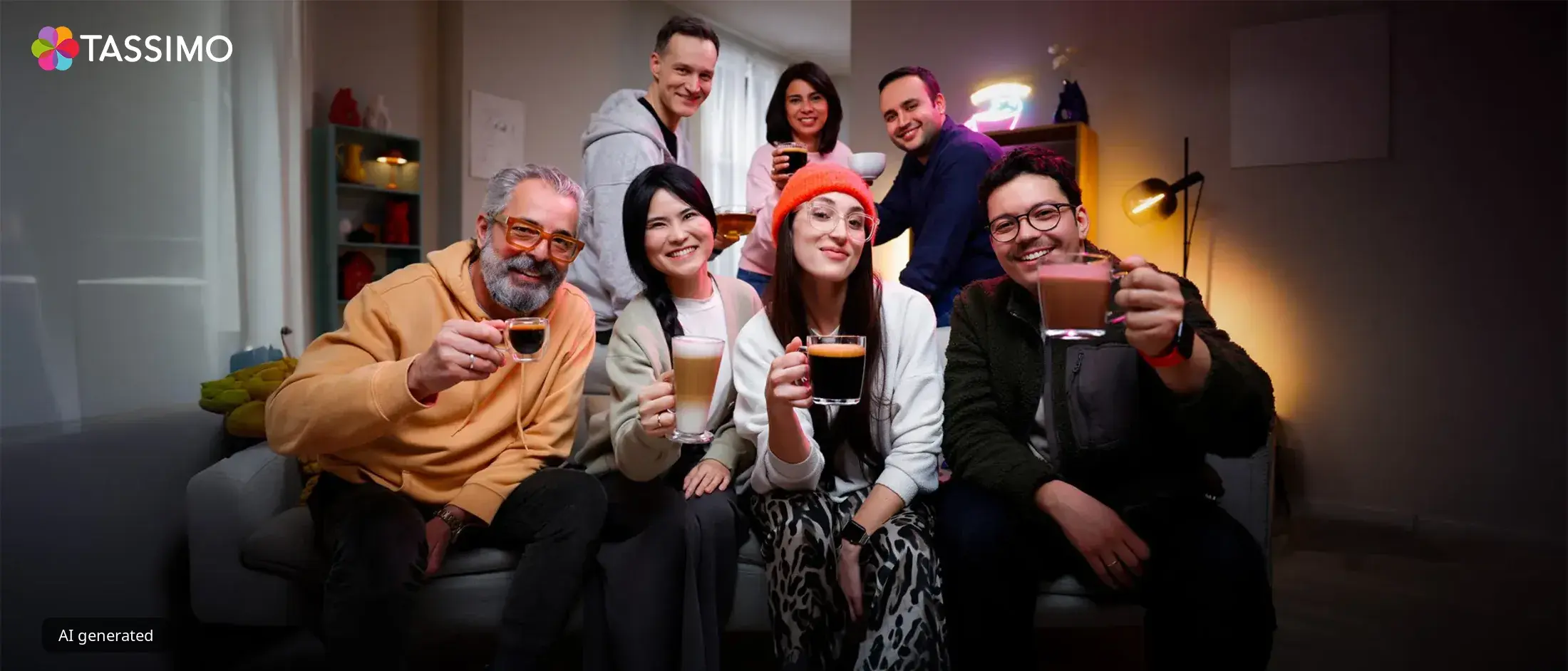 Gruppe von Freund*innen und Familienmitgliedern im Wohnzimmer, jede Person hält ein anderes Heißgetränk, zubereitet mit einer Bosch TASSIMO‑Kaffeemaschine; sie lächeln und genießen die gemeinsame Zeit.
