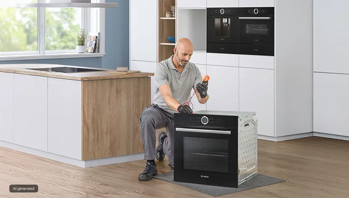 Un homme est à genoux à côté d'un four Bosch noir, vérifiant les connexions avec un multimètre, dans un cadre de cuisine moderne.