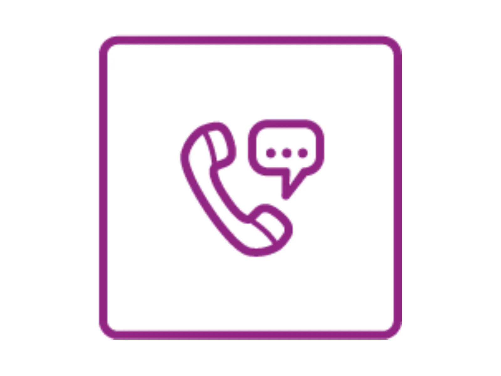 De afbeelding toont een paarse omtrek van een telefoonhandset met een spraakbelpictogram, die communicatie of klantenservice vertegenwoordigt.