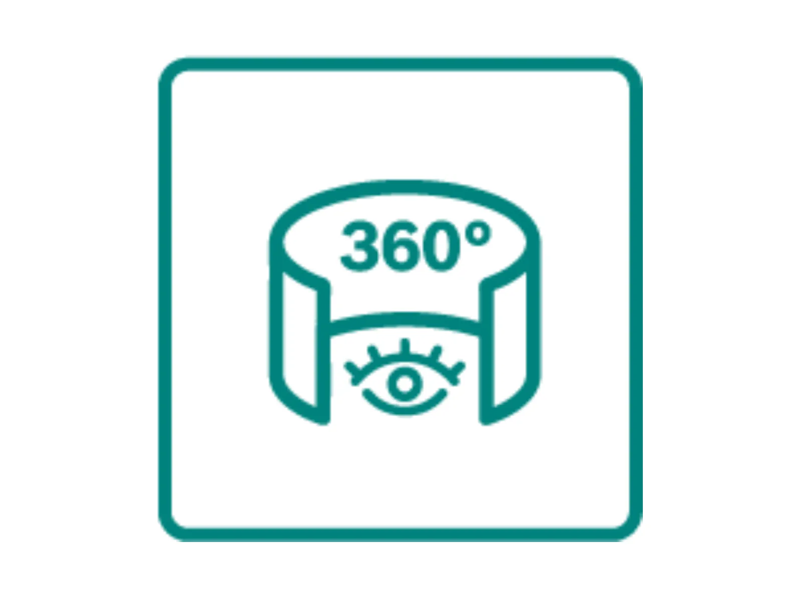 De afbeelding toont een 360-graden camera icoon met een oogsymbool, wat wijst op een 360-graden uitzicht of panoramische opname.