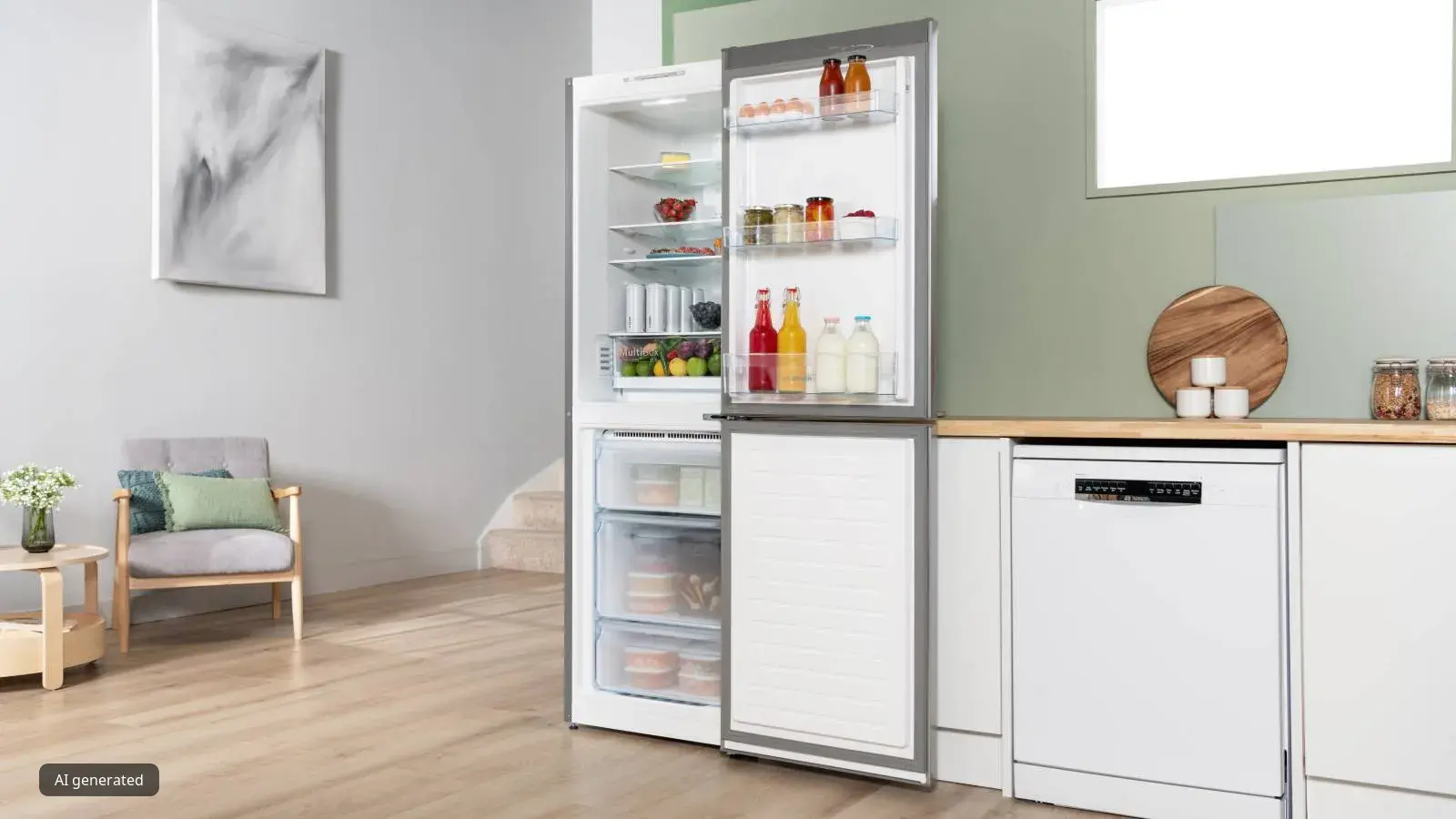 A tall, white Bosch fridge-freezer with a digital display and silver handles stands in a bright, minimalist kitchen with white cabinets, wooden countertops, and a potted plant.