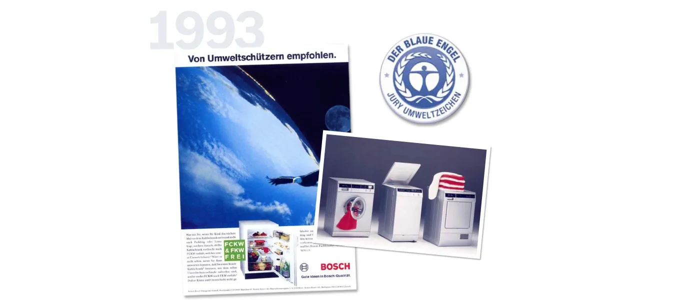 1993 Bosch CFC-free fridge ad, Der Blaue Engel eco label, and product photo of washer and dryer.
