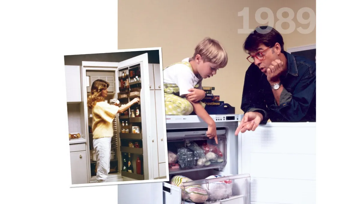 Father and child looking into a Bosch fridge freezer, with inset of woman at a large fridge, 1989.