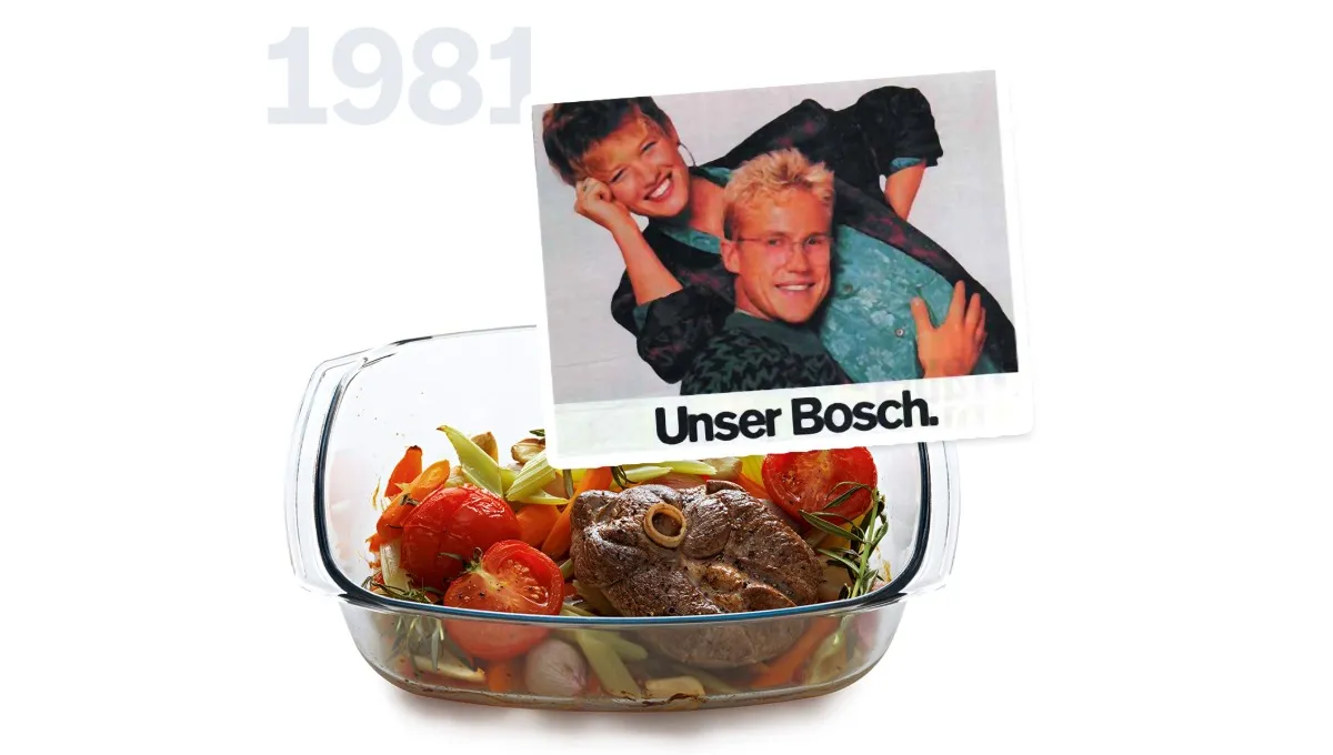 Roasting dish with meat and vegetables, with a 1981 "Unser Bosch" ad showing a smiling young couple.