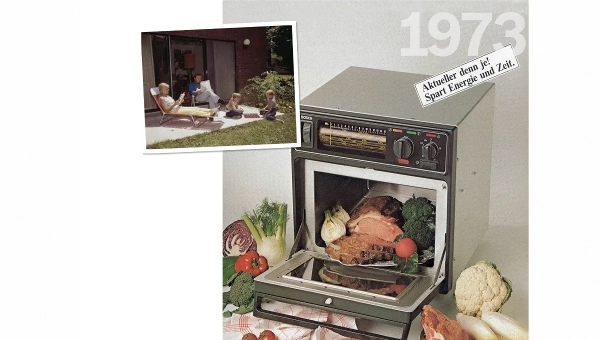Vintage Bosch microwave oven with roast and vegetables, inset of family relaxing outdoors, 1973.