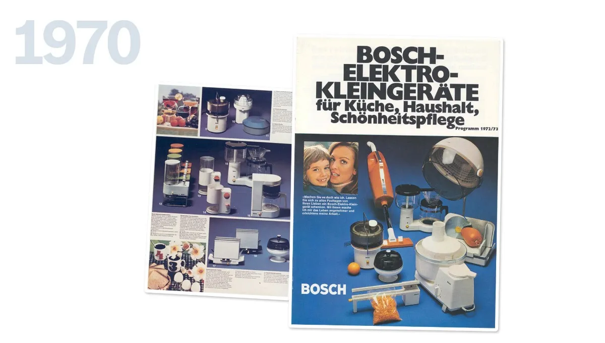 1970 Bosch small appliances catalogue pages featuring kitchen, household and beauty care products.