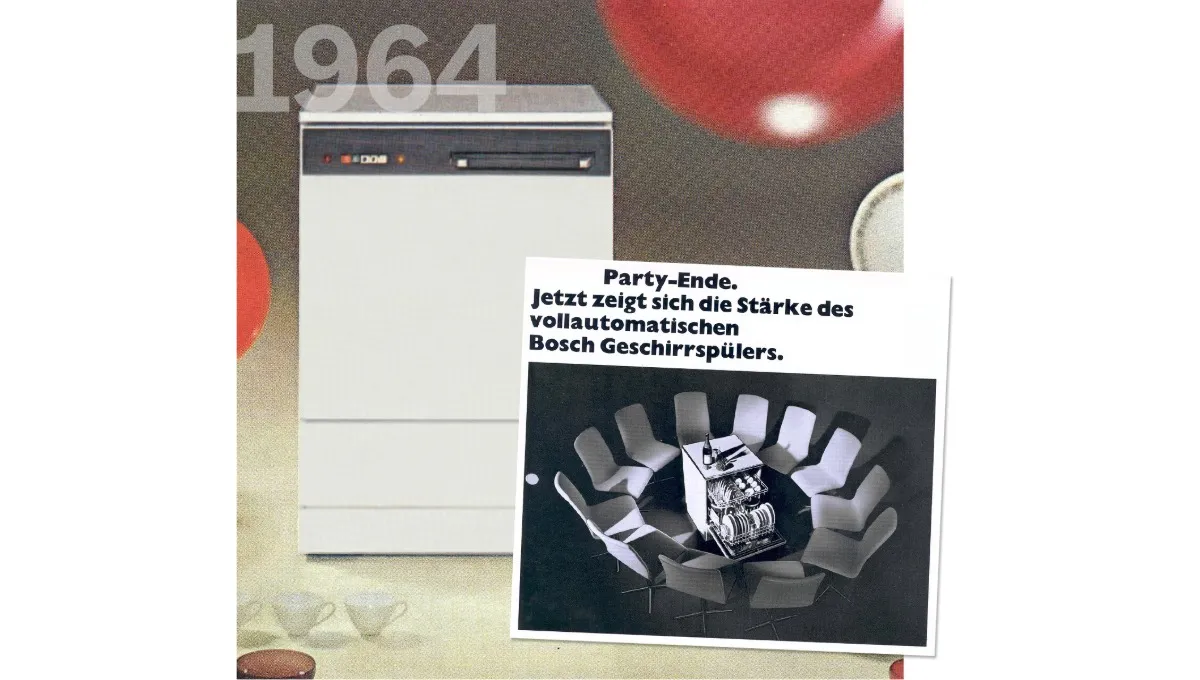 Early Bosch freestanding dishwasher with vintage German ad showing a fully loaded machine after a party, 1964.