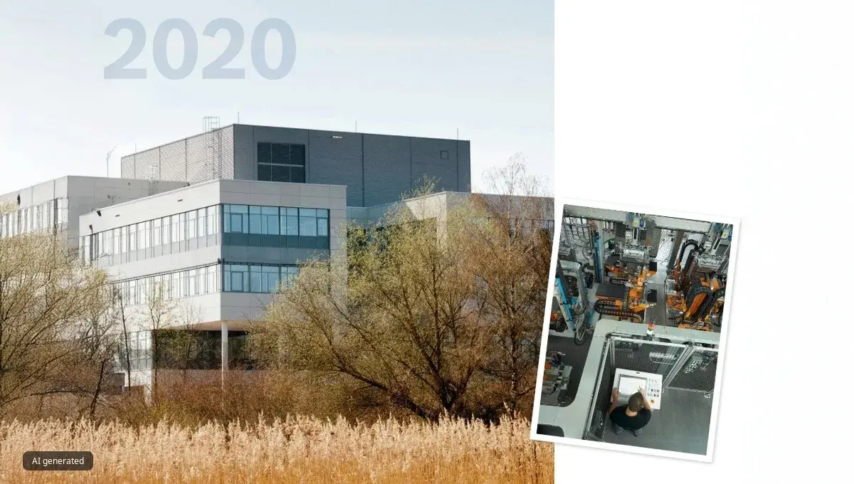 Exterior of a modern Bosch production facility surrounded by autumn trees and reed beds, with an inset image showing a technician operating industrial manufacturing equipment, 2020.