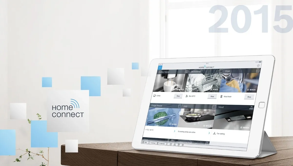 iPad displaying the Bosch Home Connect app controlling multiple smart home appliances, 2015.