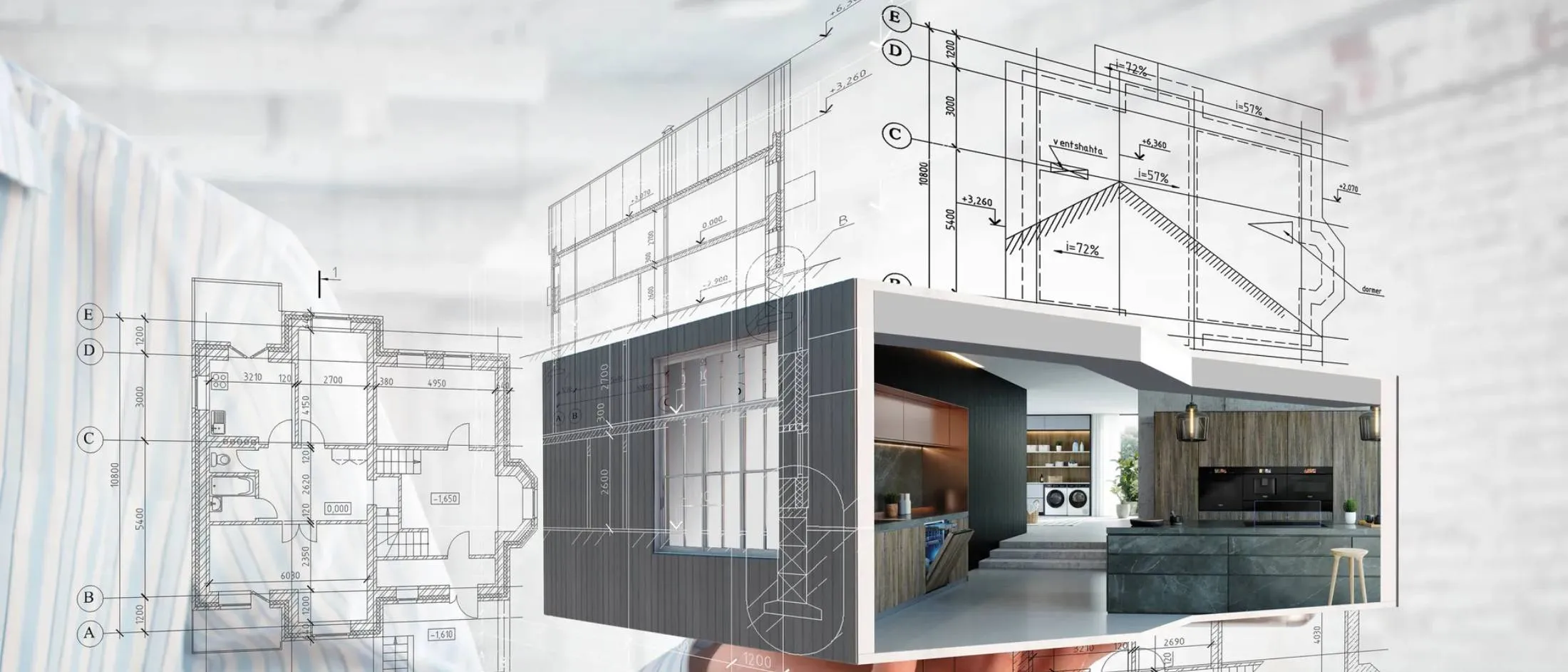 Main tenant une maquette architecturale en 3D avec des superpositions de l'aménagement intérieur de la cuisine et des plans techniques du bâtiment.