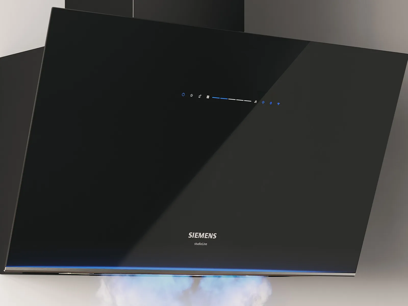Gros plan sur une hotte inclinée Siemens studioLine équipée de la technologie emotionLight Pro.