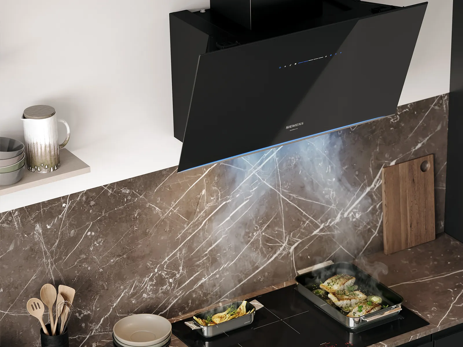 Hotte qui aspire des aliments cuisinés