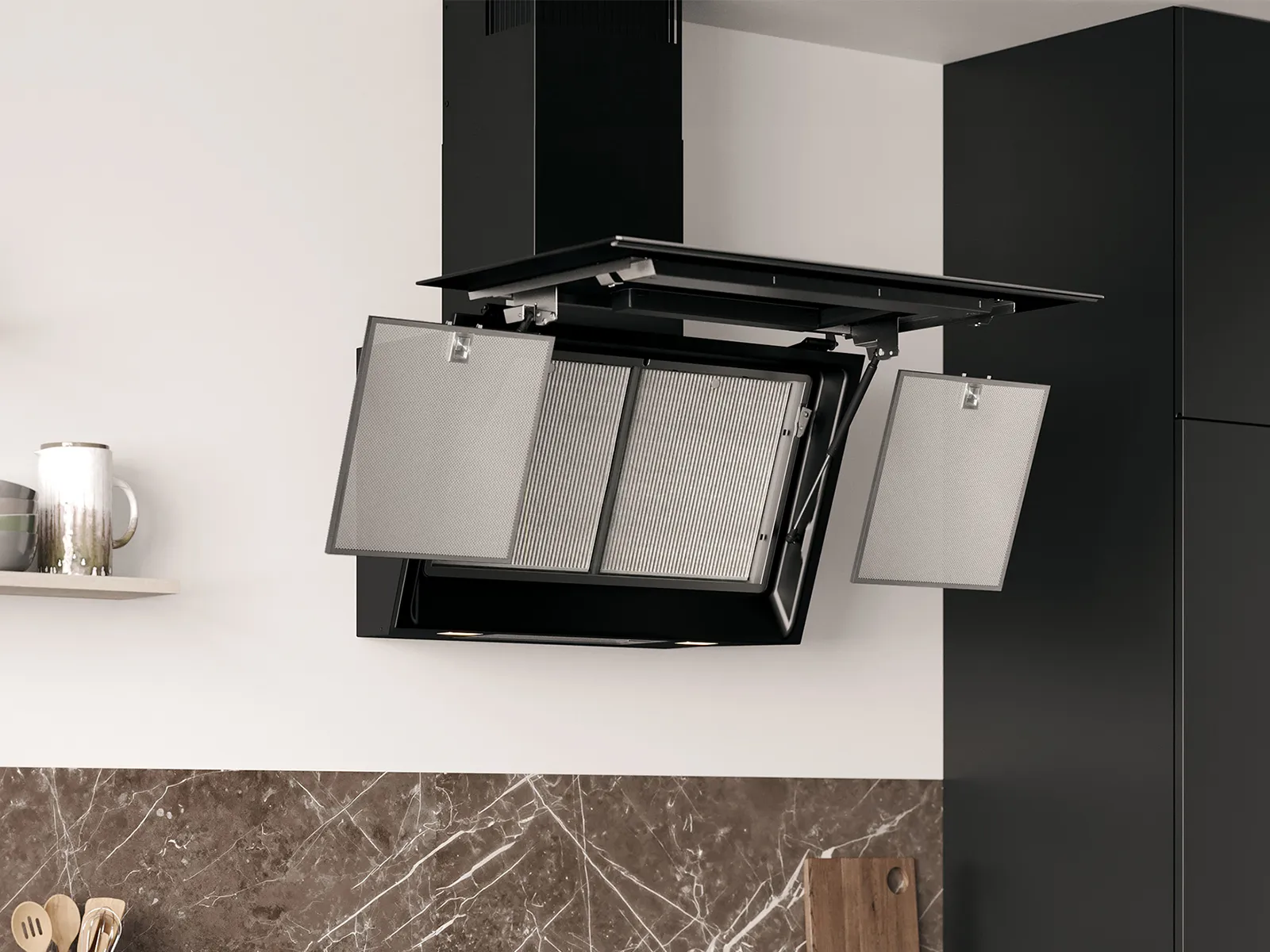 Vue éclatée des filtres à graisse et des filtres Long-life Clean Air à l'intérieur d'une hotte inclinée Siemens studioLine.