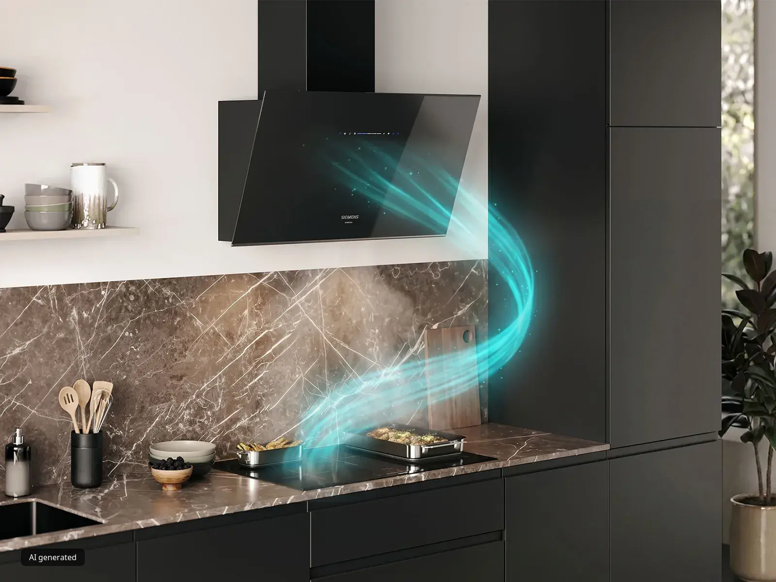 L'effet de lumière « Siemens Intelligence Glow » reliant une table de cuisson Siemens et une hotte inclinée Siemens, illustrant la connexion intelligente entre les deux appareils.