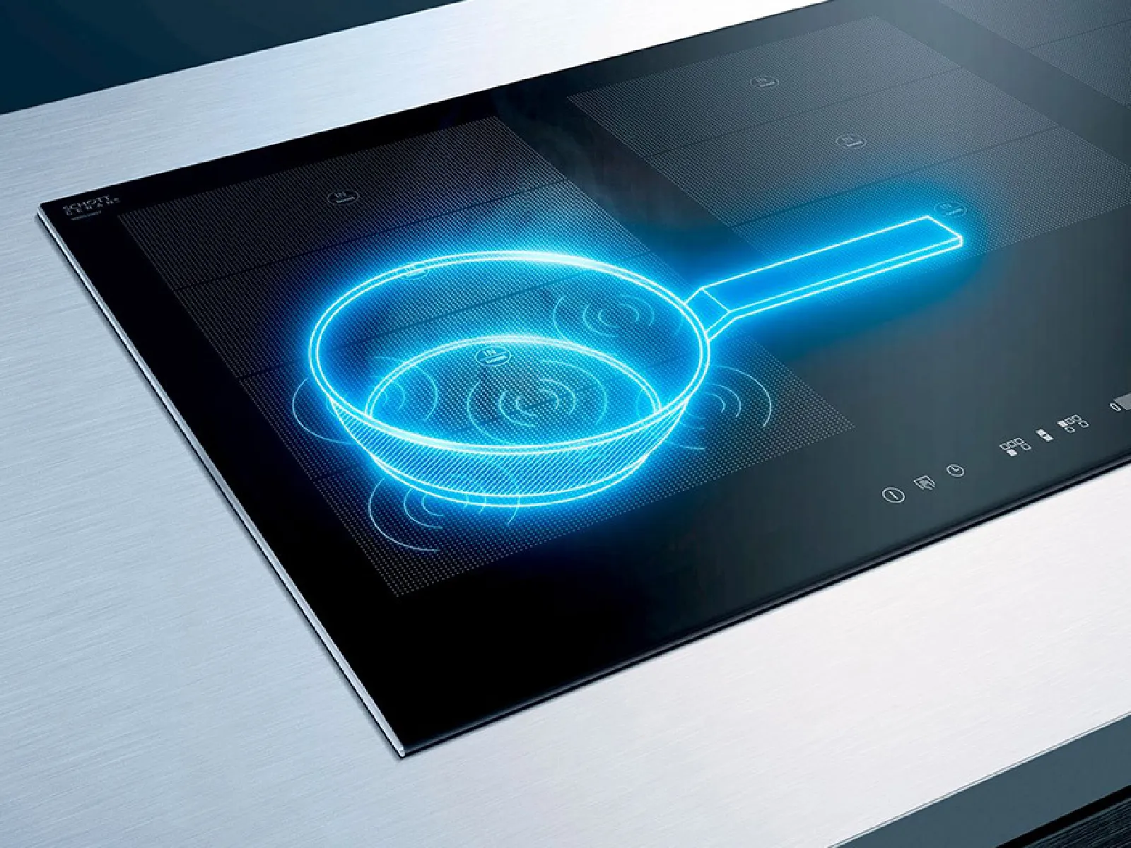 Planche à induction futuriste avec zone de cuisson circulaire bleu brillant.