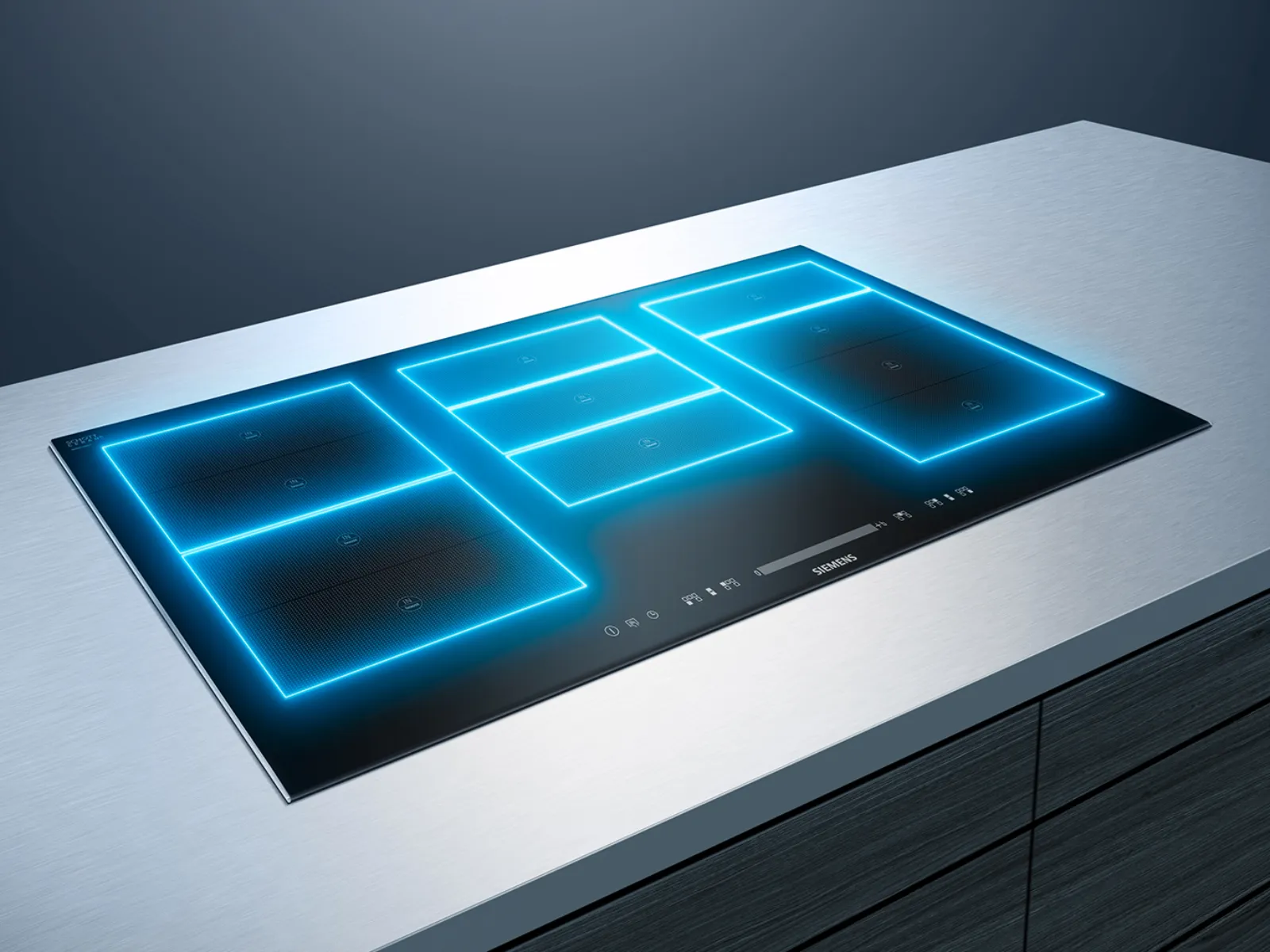 Une élégante plaque à induction noire avec des zones de cuisson rectangulaires bleues lumineuses.