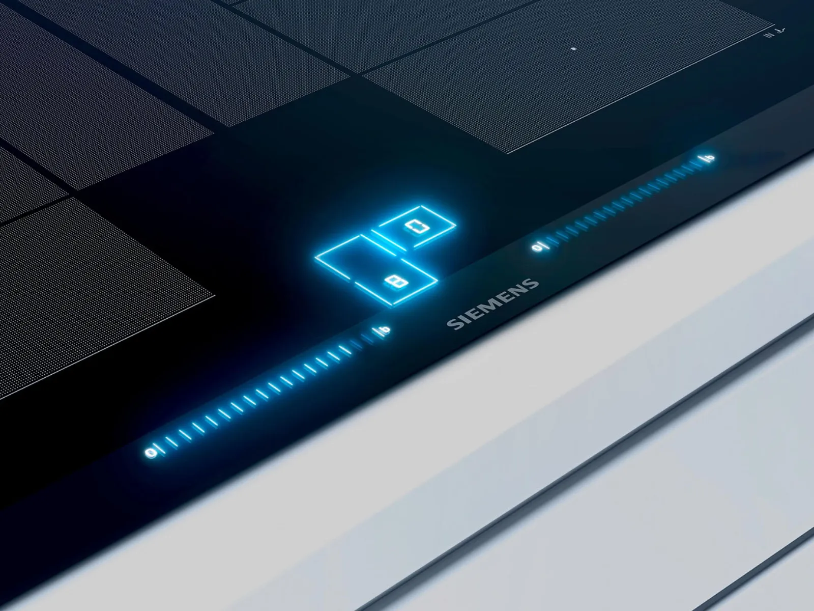 Gros plan sur un panneau de commande d'une plaque à induction Siemens avec des voyants bleus lumineux.