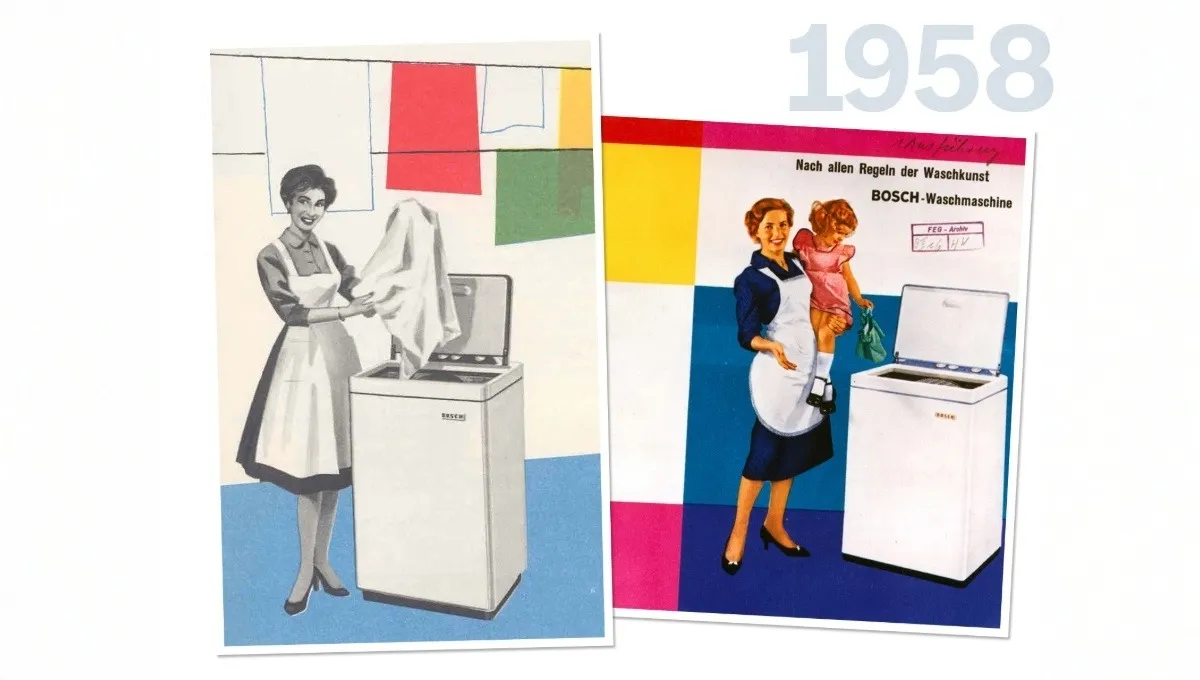 Two vintage illustrated Bosch washing machine ads showing women with top-load washers, 1958.