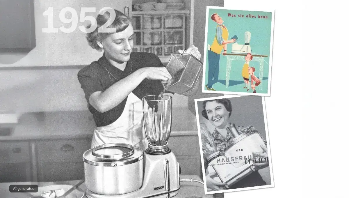 Black-and-white photo of a woman using a Bosch blender, with two vintage illustrated kitchen machine ads, 1952.