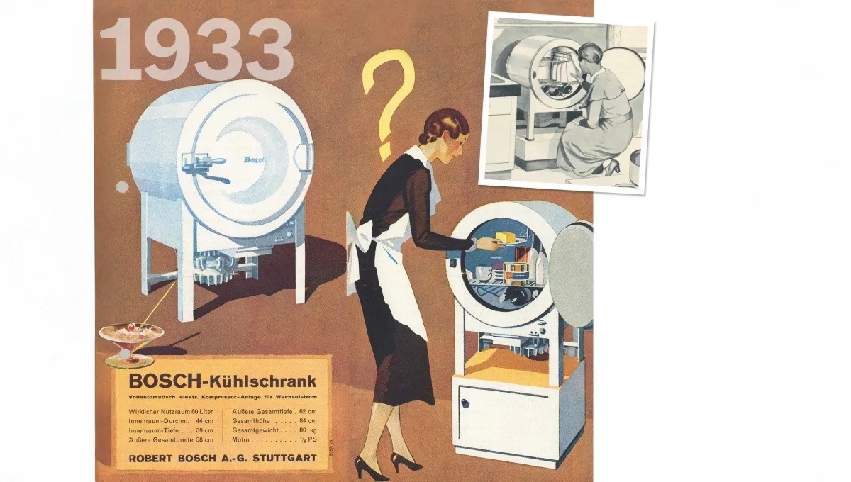 Vintage illustrated Bosch-Kühlschrank ad showing a woman at a cylinder fridge, with a black-and-white inset, 1933.