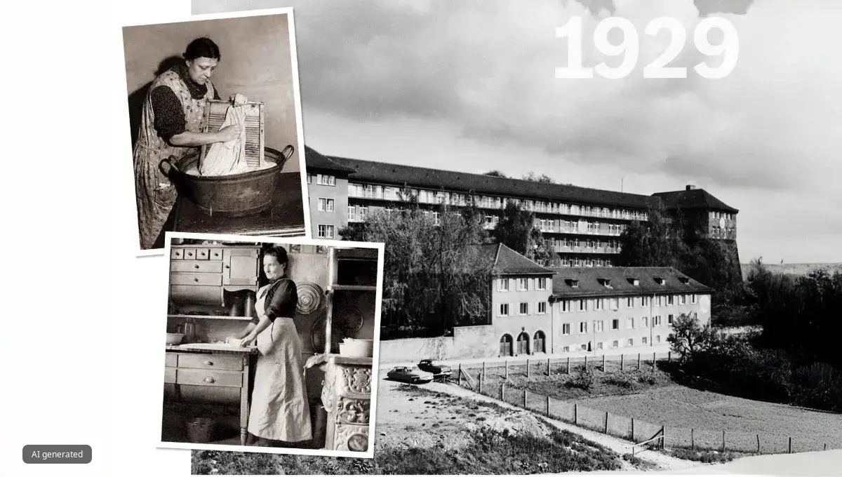 Two archival photos of women doing laundry and kitchen work by hand, with a Bosch factory building, 1929.