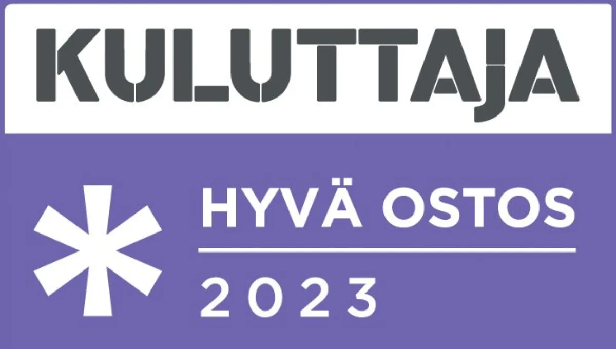Logo, jossa violetilla taustalla tekstit "KULUTTAJA" ja "HYVÄ OSTOS 2023" sekä suuri valkoinen asteriski.