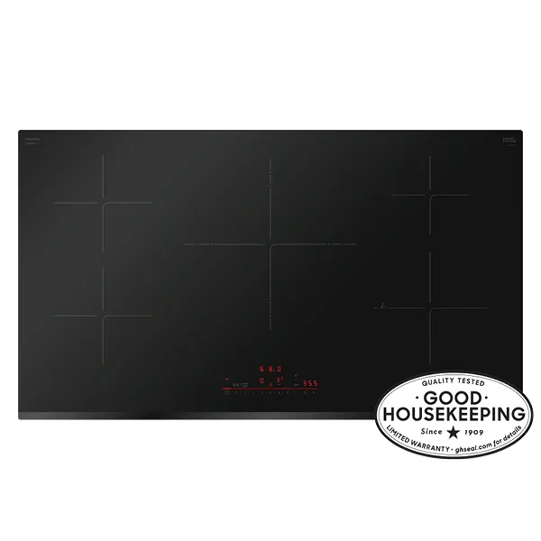 Bosch Black induction cooktop with digital controls and a Good Housekeeping quality seal.