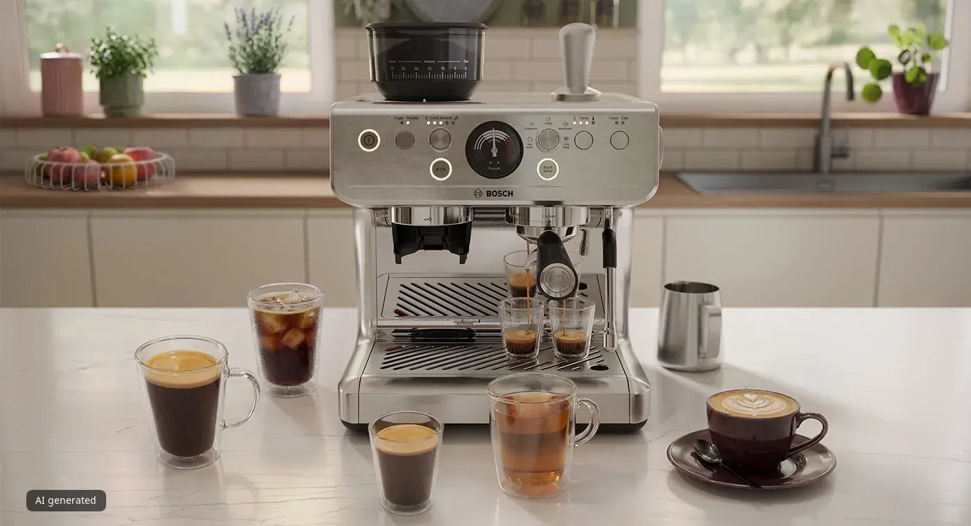 La Bosch HomeCafé Série 4 est vue de face, posée sur un comptoir de cuisine, entourée de diverses boissons telles qu'un Americano, un Lungo, du thé et un cappuccino.