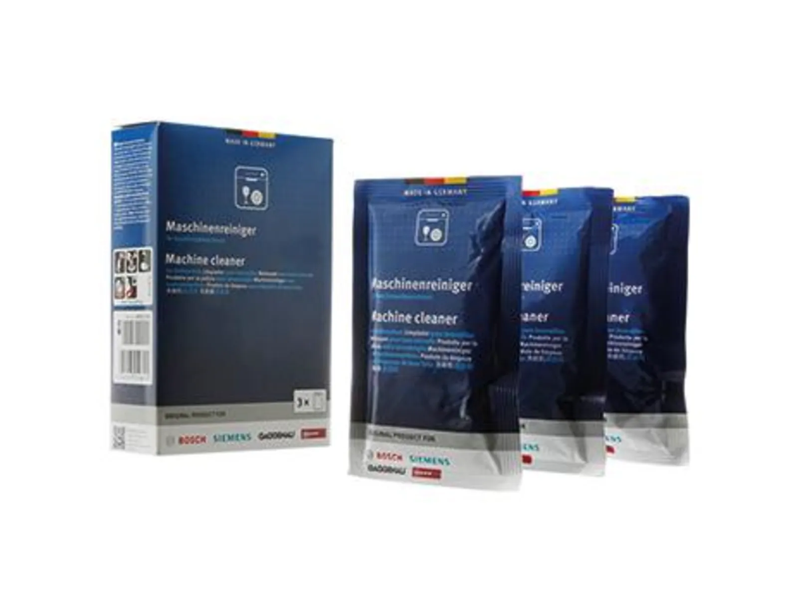 Boxes and packets of machine cleaner for household appliances.