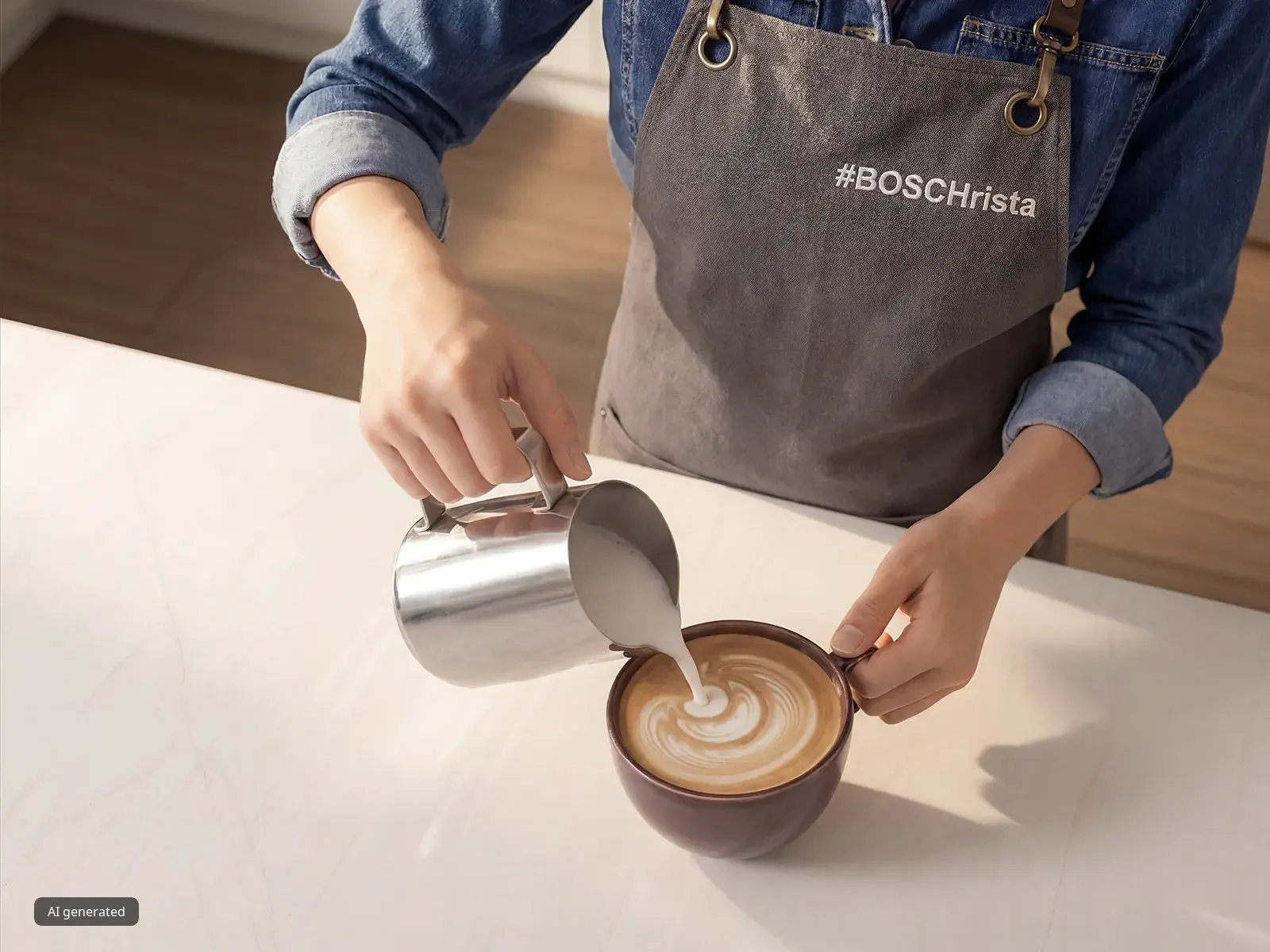A person pours hot and foamy milk into a cup of coffee, making latte art in a cappuccino.