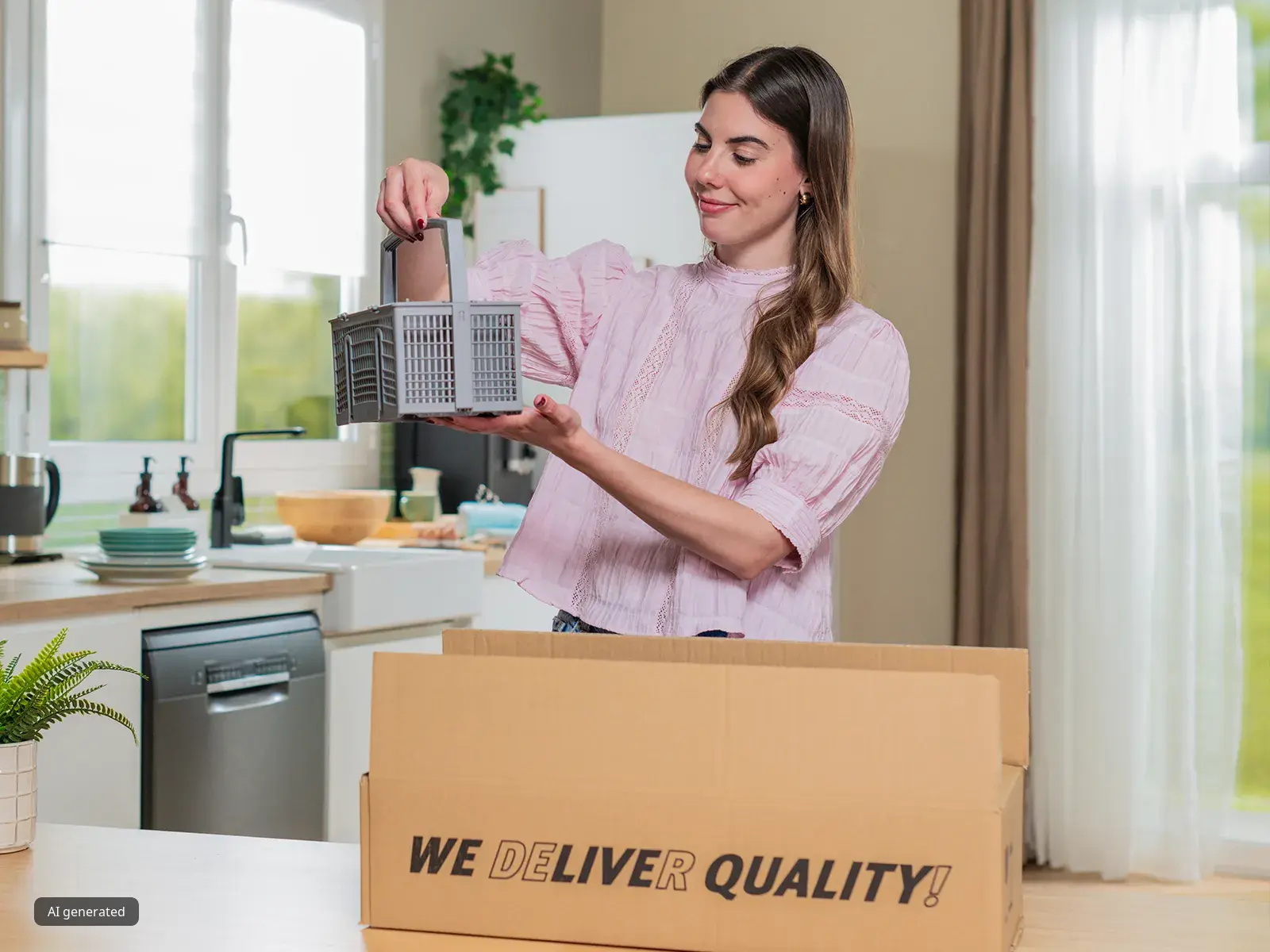 Kvinne som pakker ut en bestikkurv til oppvaskmaskin fra en eske merket "We Deliver Quality" på et lyst, moderne kjøkken.