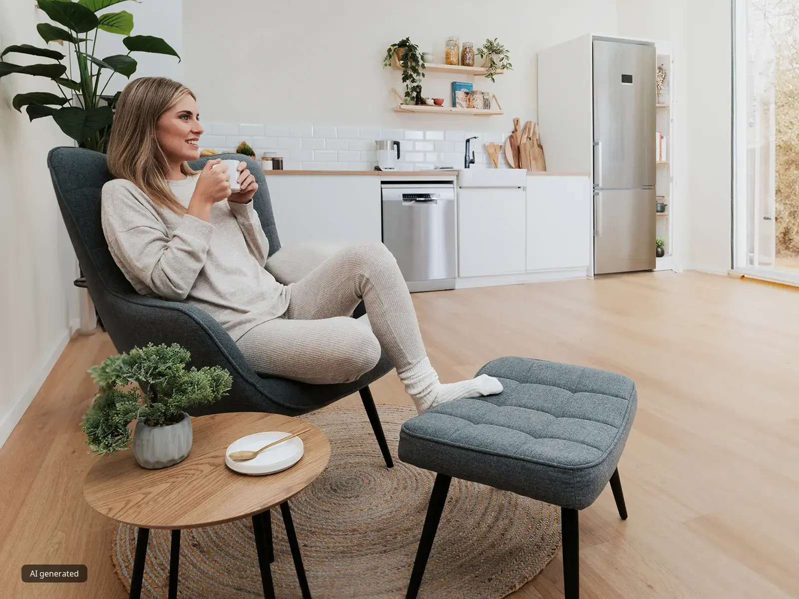 Mulher com roupa confortável em tons bege a relaxar com uma chávena numa sala de estar e cozinha modernas e luminosas, com chão de madeira e grandes janelas.