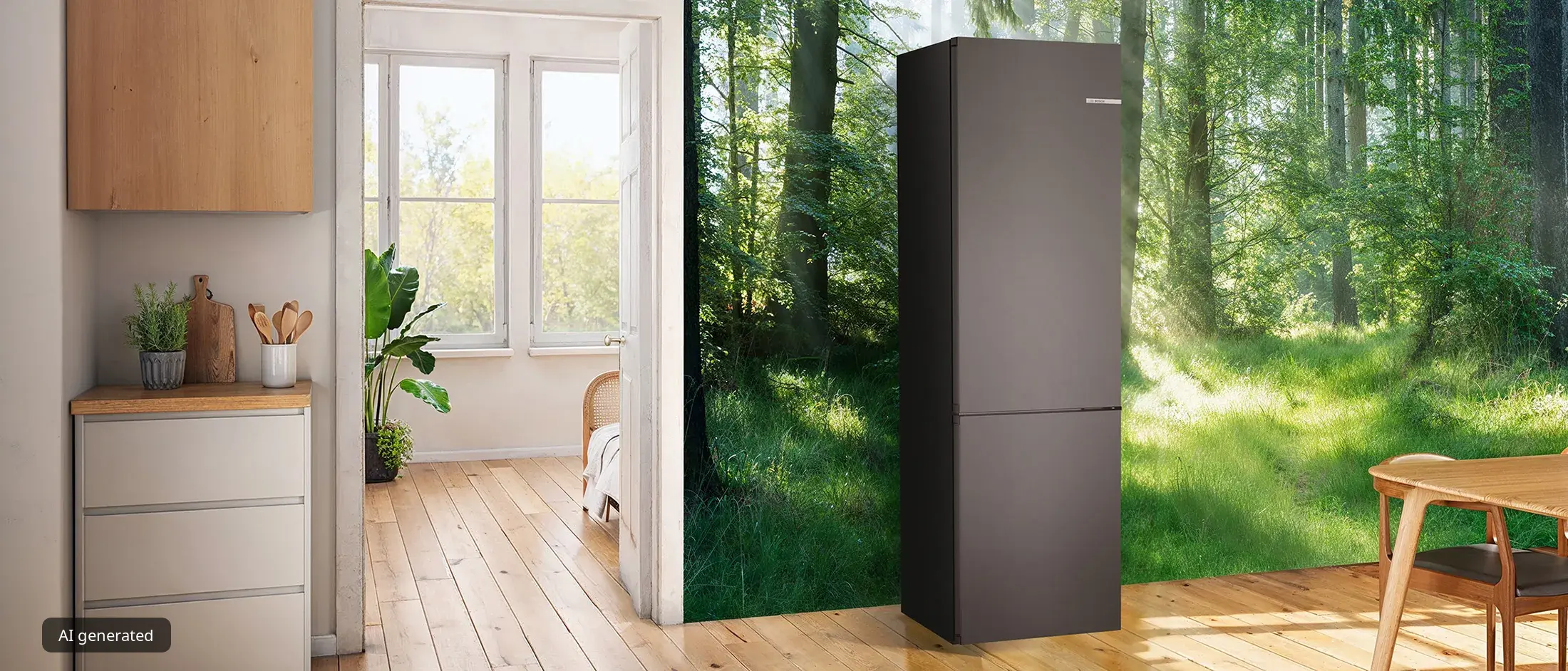 Cucina luminosa e ariosa con pavimenti in legno, ampie finestre con vista su una foresta lussureggiante e un frigorifero moderno.
