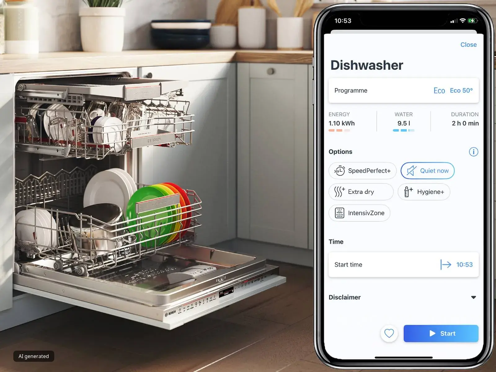 A hand holds a smartphone displaying the Bosch Home Connect app, showing controls for a dishwasher, with an open Bosch dishwasher in the background.