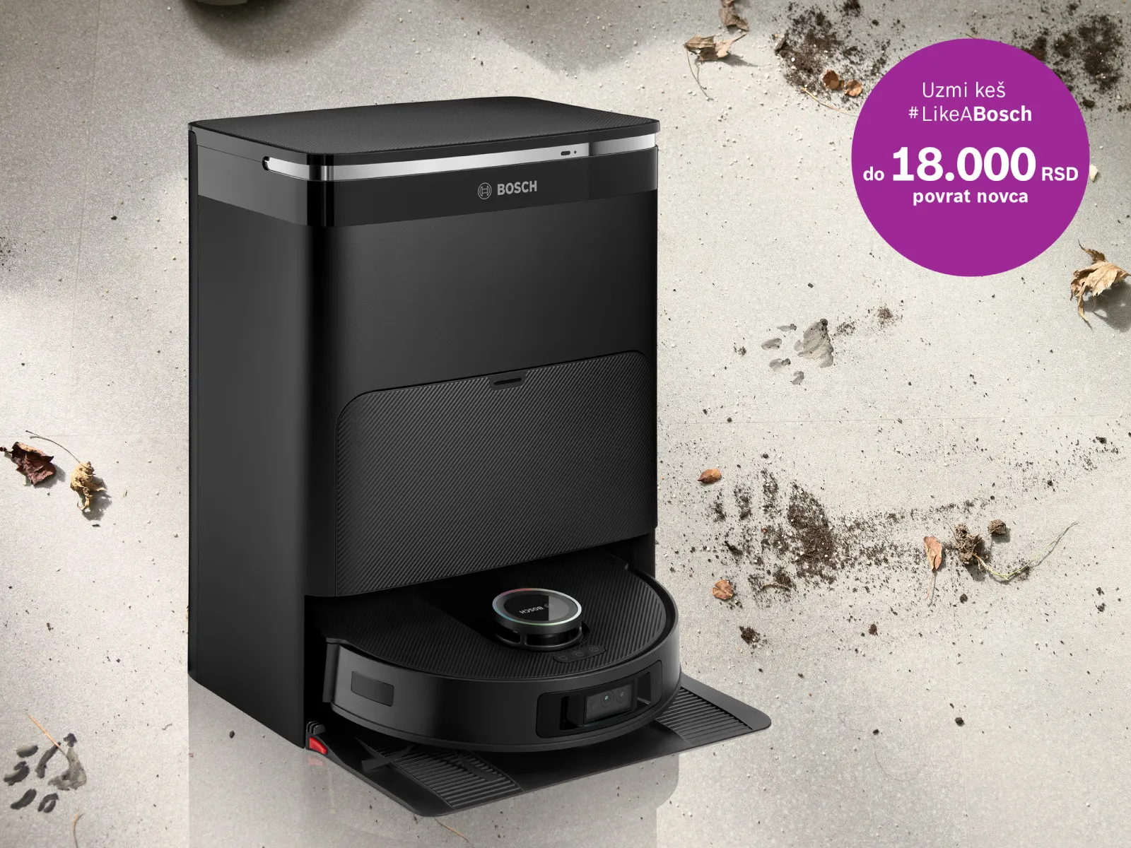Robot usisivač ispred zaprljanog poda. Komunicira se promocija za povrat novca koja daje korisnicima nazad do 18.000 RSD.