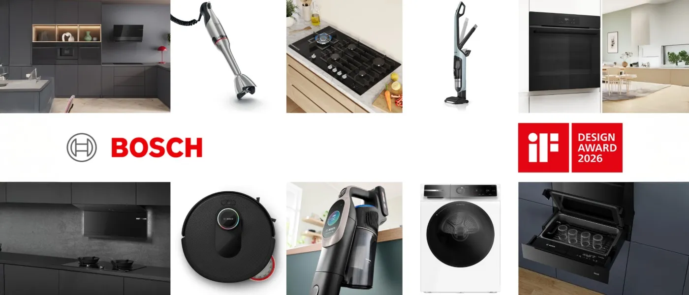 Collage of varying Bosch appliances such as ovens, vacuum cleaners, fridges, laundry machines and more, including iF Design Award winning logos.