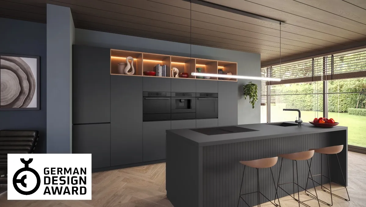 Bosch Matt Black Design Oven Range integrated in a sleek black kitchen in a modern house, including German Design Award label