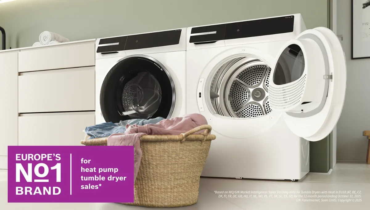 Bosch dishwasher in a modern kitchen with a Euromonitor World's No.1 brand claim badge for dishwashers