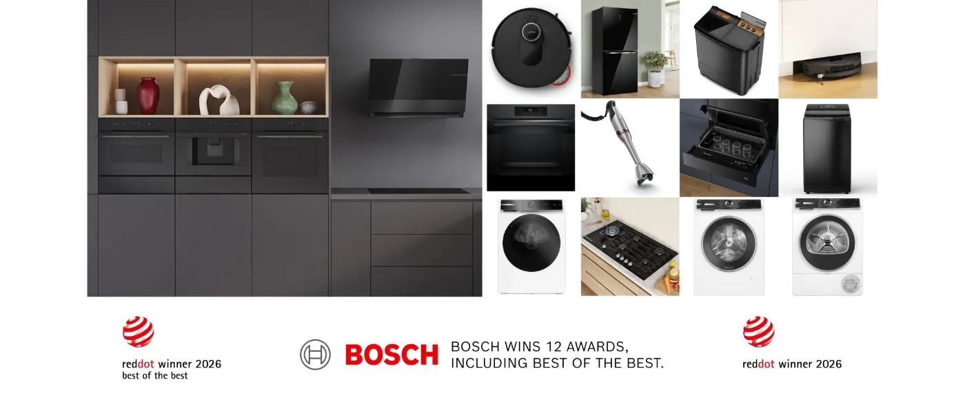 Collage of varying Bosch appliances such as ovens, fridges, laundry machines and more, including RedDot award winning logos.