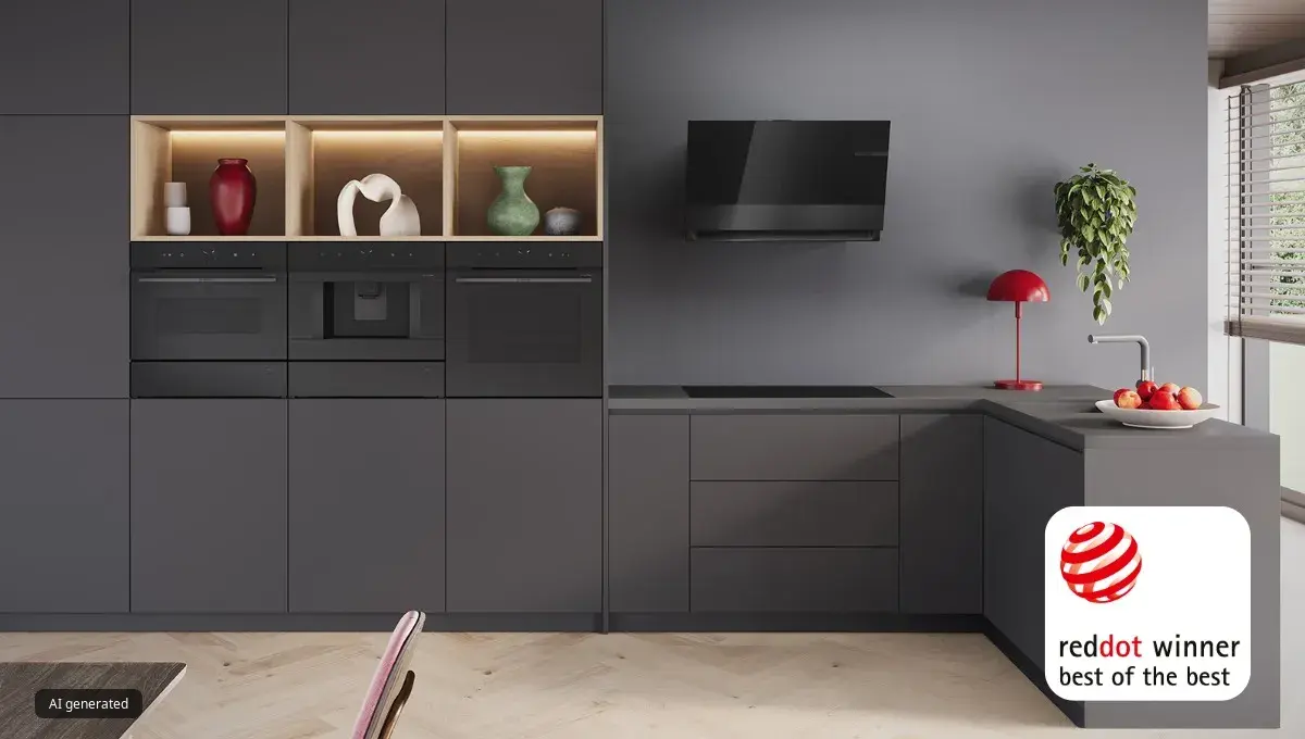 Bosch Accentline Matt Black Design Range integrated in a sleek black kitchen in a modern house