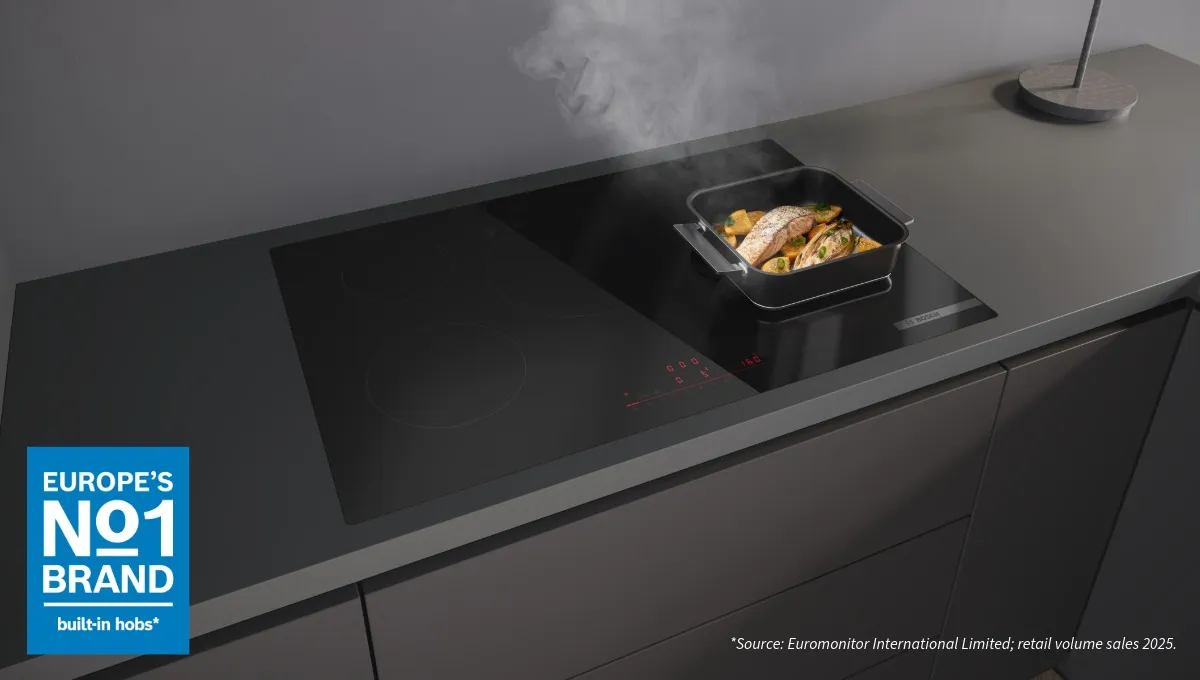 Bosch built-in hob in a modern kitchen with a Euromonitor World's No.1 brand claim badge for built-in hobs