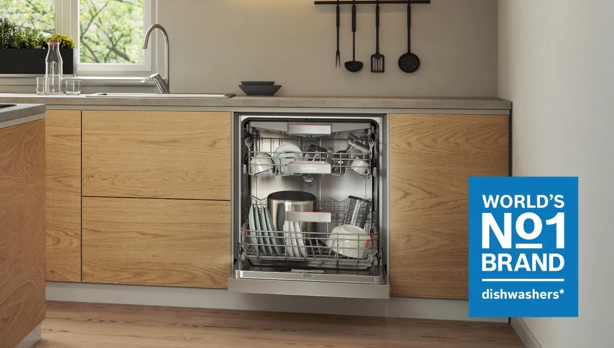 Bosch dishwasher in a modern kitchen with a Euromonitor World's No.1 brand claim badge for dishwashers