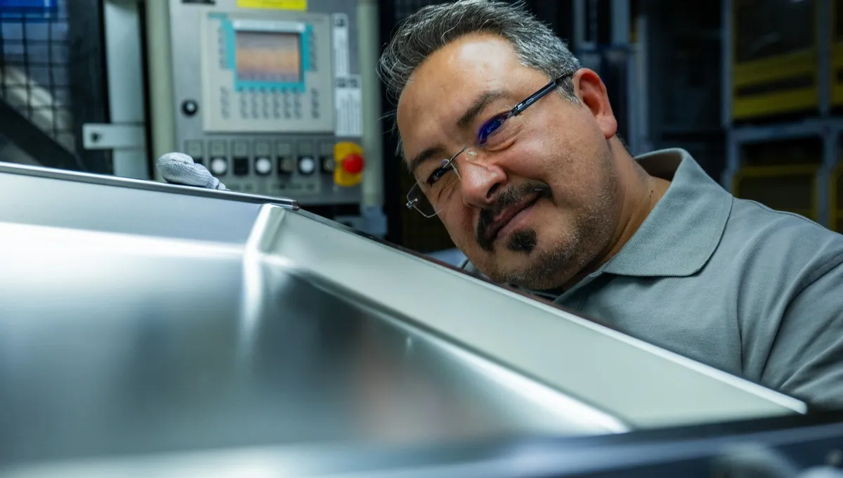 Quality control specialist inspecting Bosch component in modern production facility.