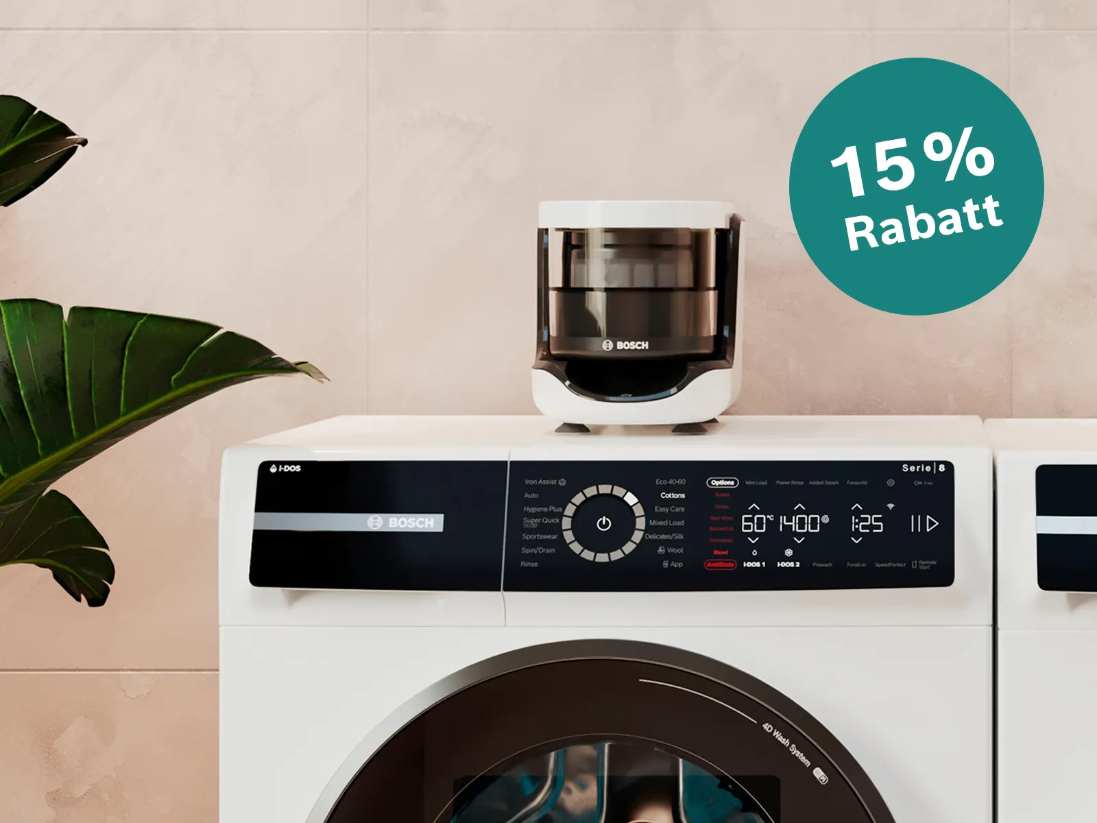 Bosch Waschmaschine mit externen Bosch Mikroplastikfilter und Hinweis, dass es Rabatt beim Kauf des Filters im Bosch Online Shop gibt.