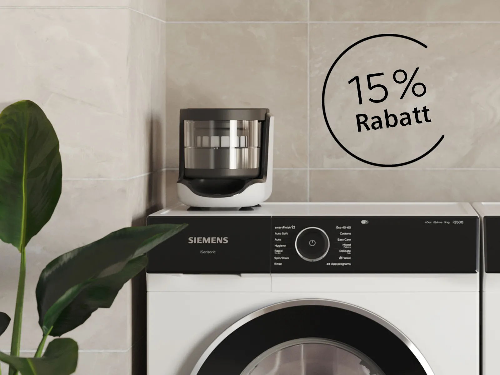 Siemens Waschmaschine mit externen Mikroplastikfilter und Hinweis auf aktuelle Aktion mit Rabatt auf Zubehör im Siemens Online Shop