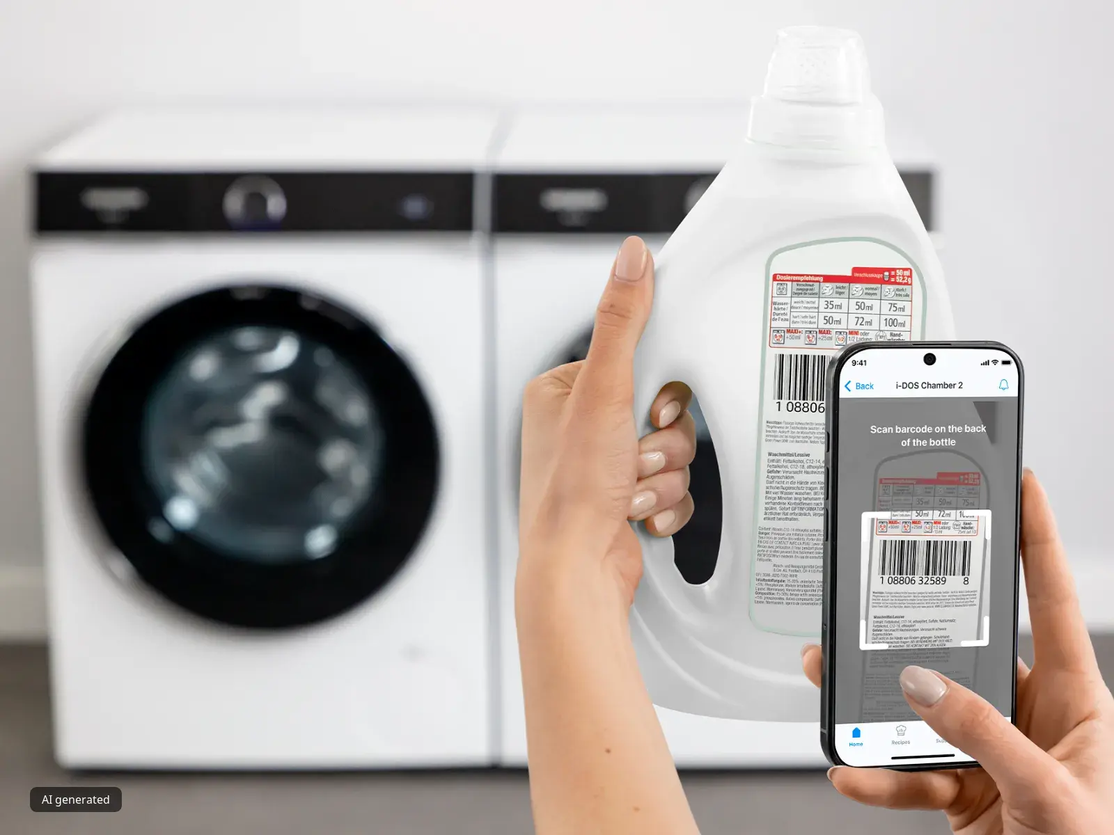 A person scans the barcode of a detergent bottle with a smartphone, with a washing machine in the background.